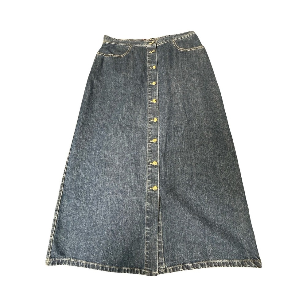 Gloria Vanderbilt Skirt Womens 14 Blue Denim Maxi Button Front A-Line High Slit
